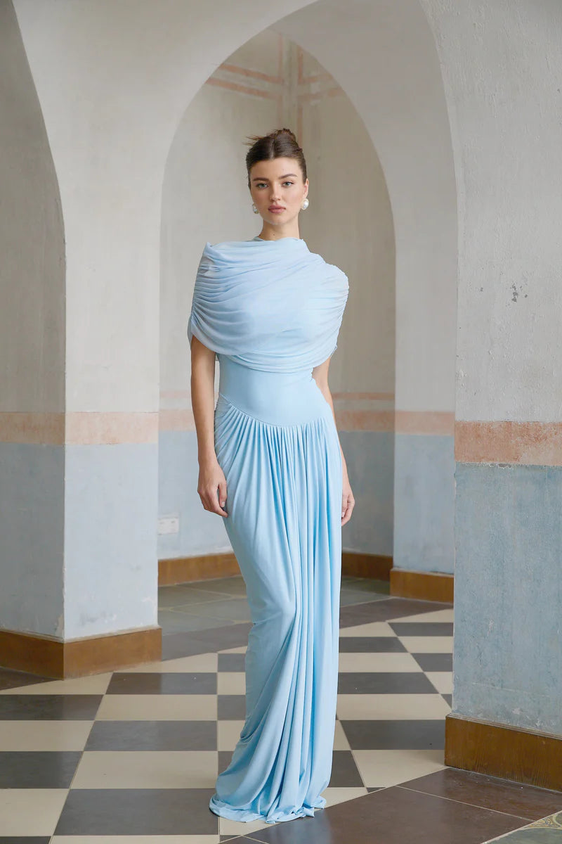 Rochie Catherine asimetrică plisată, maxi, în nuanța Baby Blue
