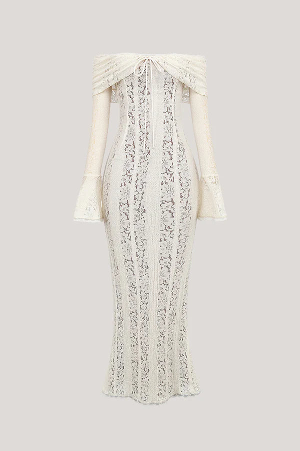 Rochie alba maxi din dantelă, cu umeri goi