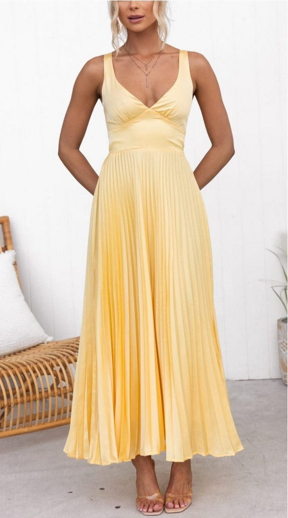 Rochie Maxi Galben Lămâie cu Pliseuri si Spate Decupat