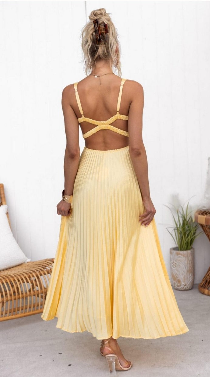 Rochie Maxi Galben Lămâie cu Pliseuri si Spate Decupat