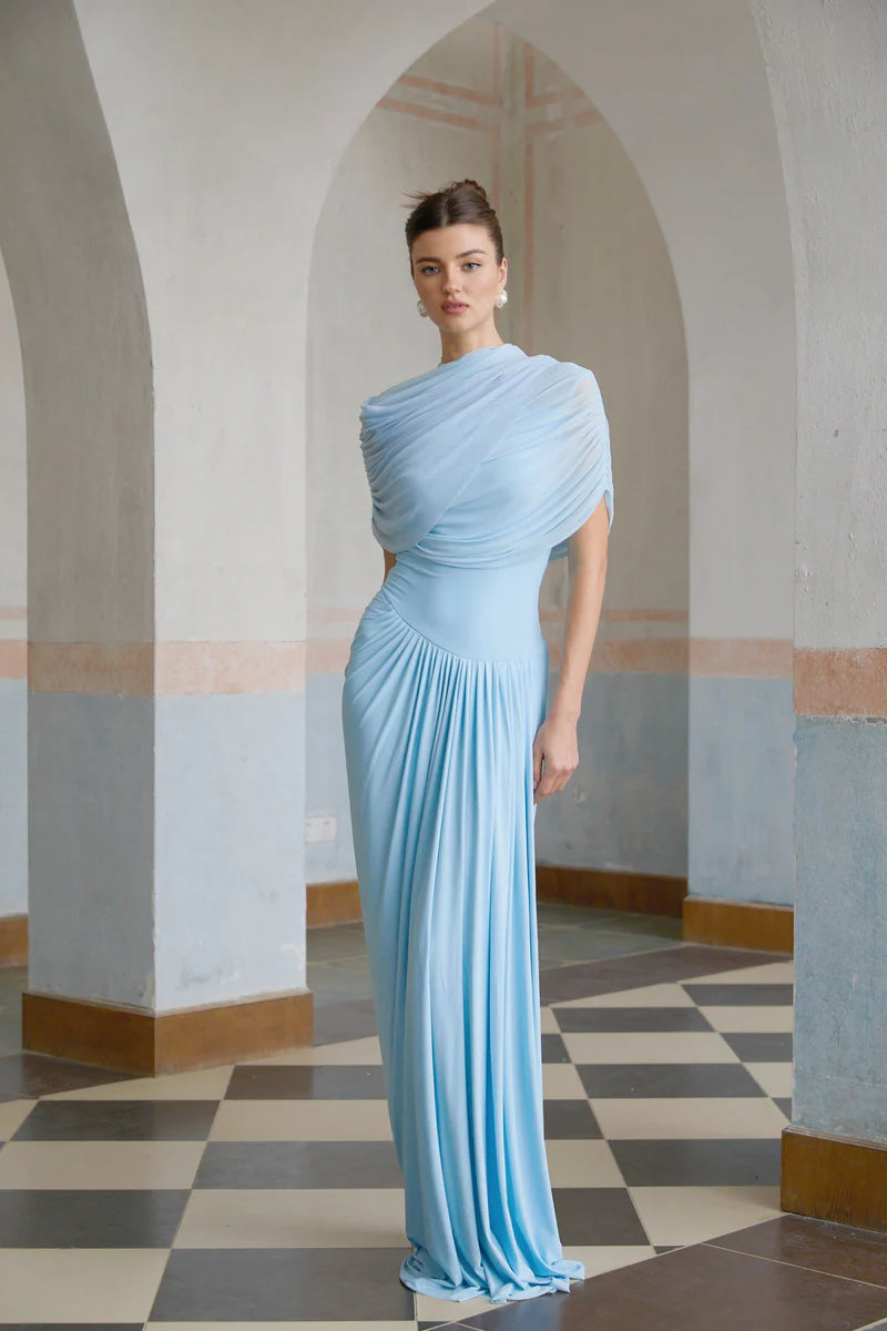 Rochie Catherine asimetrică plisată, maxi, în nuanța Baby Blue
