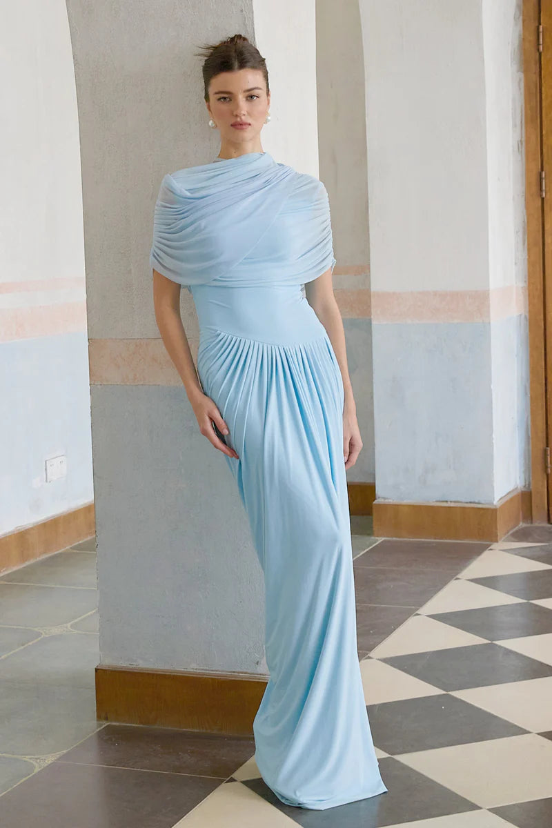Rochie Catherine asimetrică plisată, maxi, în nuanța Baby Blue