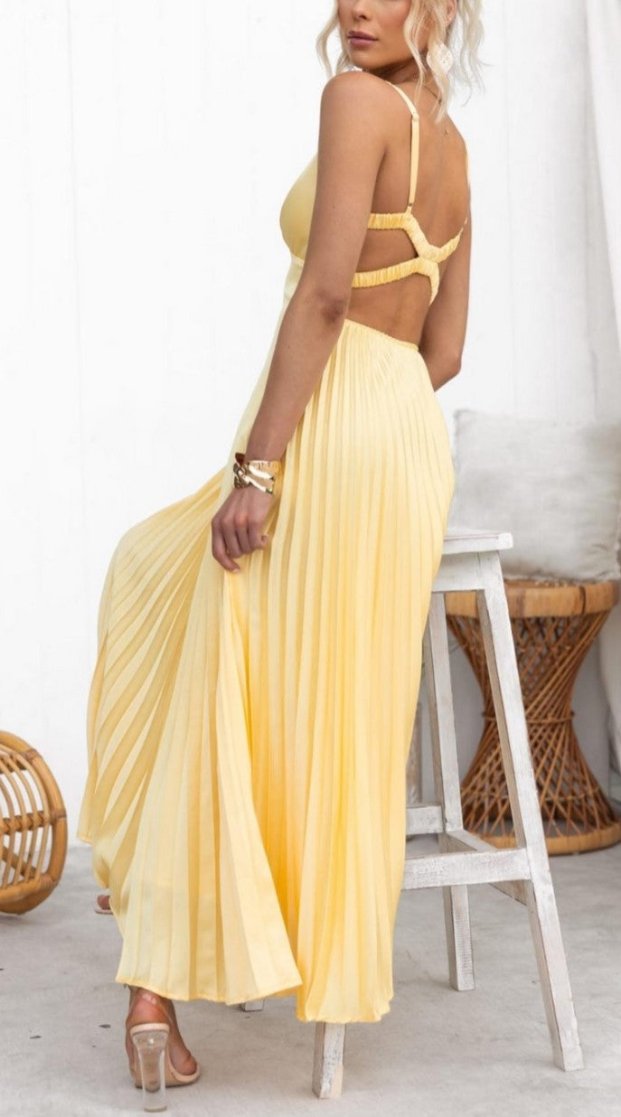 Rochie Maxi Galben Lămâie cu Pliseuri si Spate Decupat