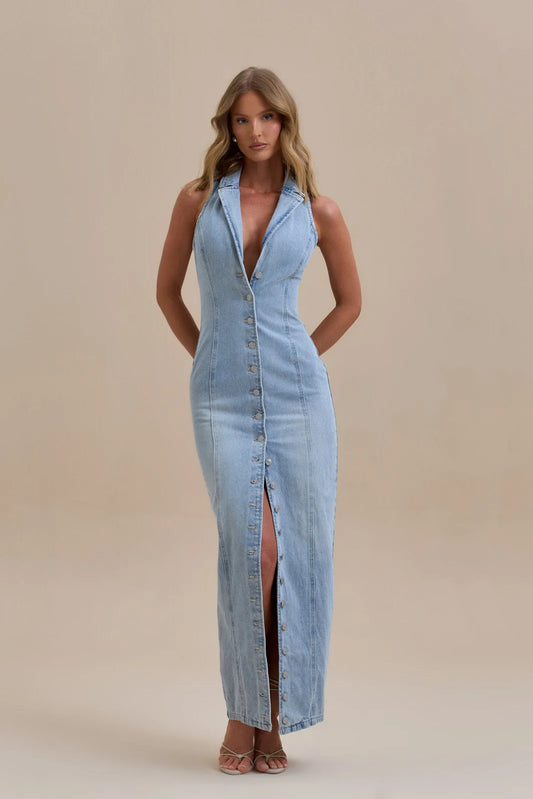 Rochie lunga din denim cu nasturi