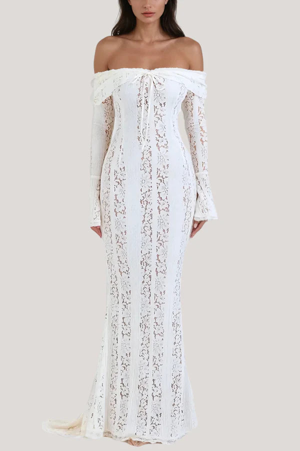 Rochie alba maxi din dantelă, cu umeri goi