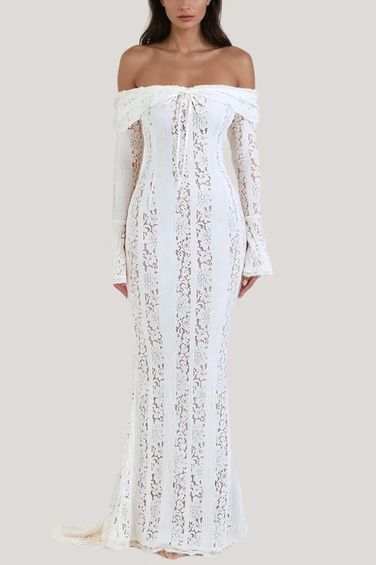 Rochie alba maxi din dantelă, cu umeri goi