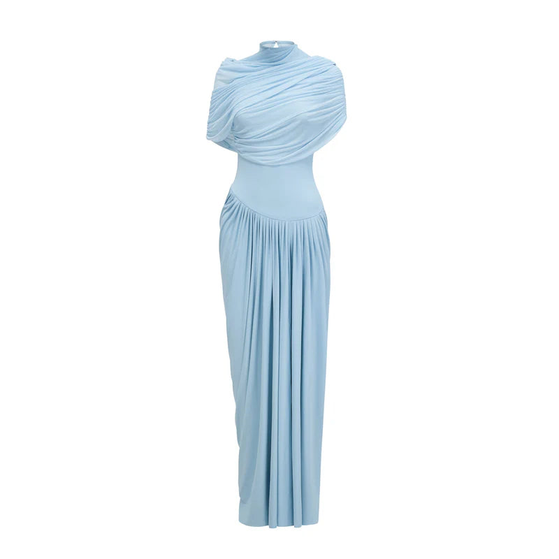 Rochie Catherine asimetrică plisată, maxi, în nuanța Baby Blue