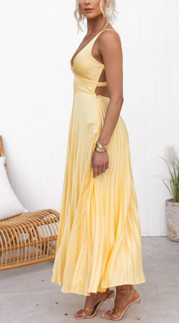 Rochie Maxi Galben Lămâie cu Pliseuri si Spate Decupat
