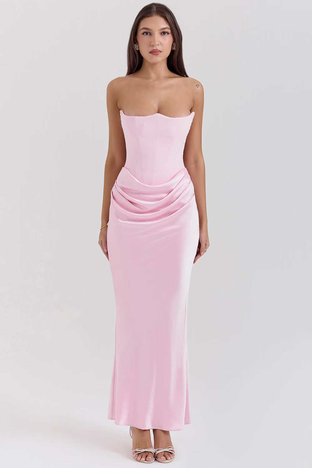 Rochie Maxi Corset Fără Bretelă, Culoare Rose Shadow
