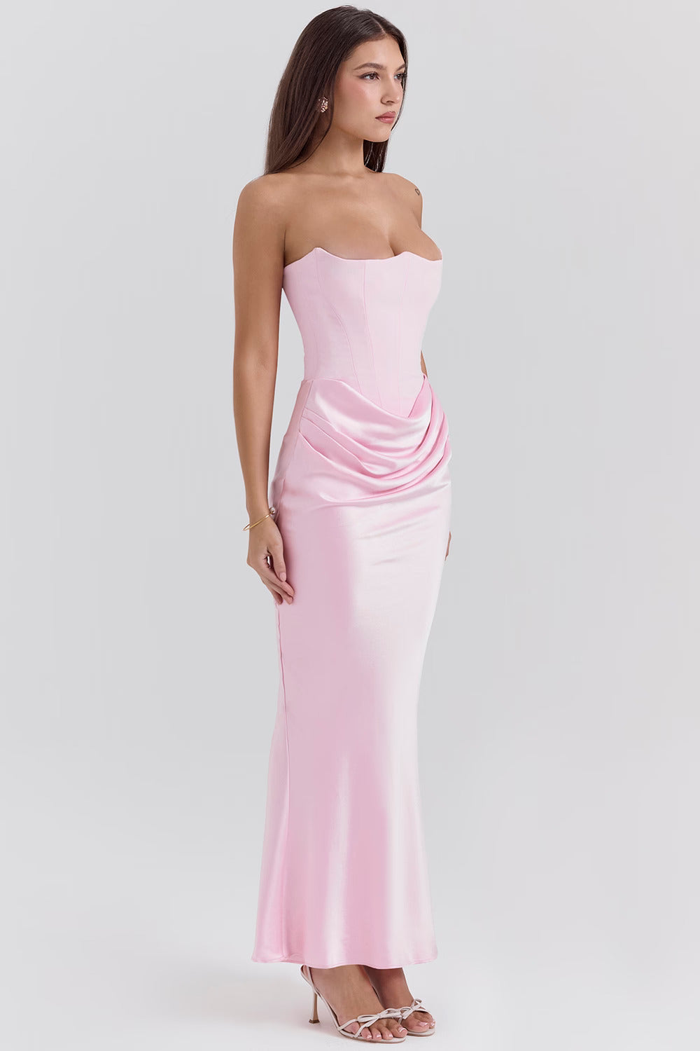 Rochie Maxi Corset Fără Bretelă, Culoare Rose Shadow